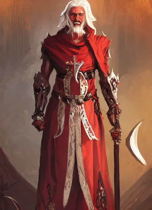 Image similar to a highly detailed illustration of white haired african priest, wearing cross on robe, wielding red blades made of blood, evil standing smiling pose, gothic church background, muscular, intricate, elegant, highly detailed, centered, digital painting, artstation, concept art, smooth, sharp focus, league of legends concept art, WLOP