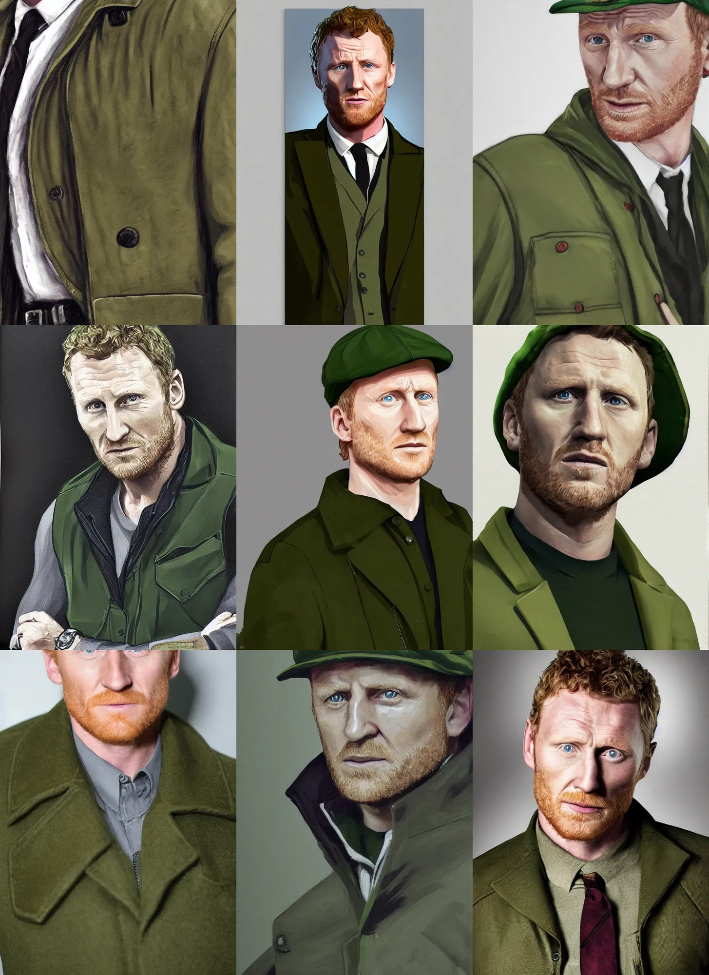 Prompt: portrait close - up kevin mckidd ciaran murphy, olive green flat cap and gilet suit, dark, gtav art!!