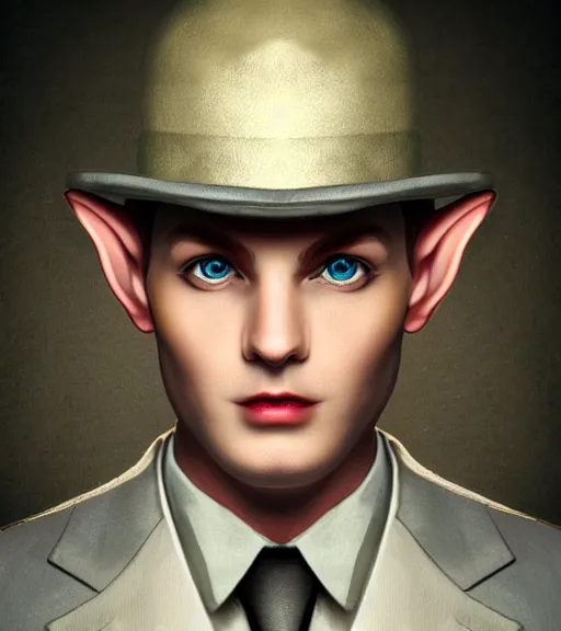 Prompt: an elf in a suit, gatsby hat, detailed portrait, detailed face, perfect lighting hd, 4 k, realistic, photorealistic