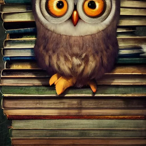 Prompt: long shot of a very cute plushy owl sitting on a pile of antique books, big eyes, eyelids half closed, by esao andrews, humorous illustration, hyperrealistic, big depth of field, fresh colors, dim light, 3 d octane render conceptart, 4 k, hyperdetailed, trending on artstation