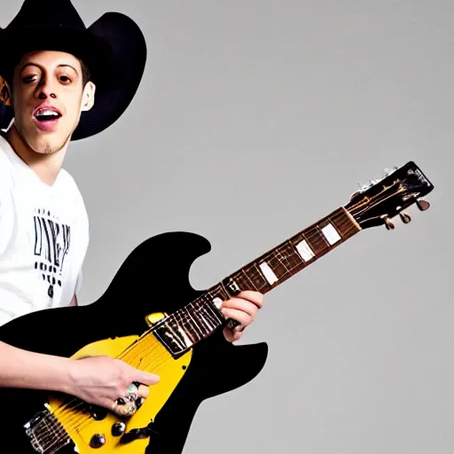 Prompt: pete davidson has a really nice electric guitar and plays it while wearing a cowboy hat and cowboy outfit