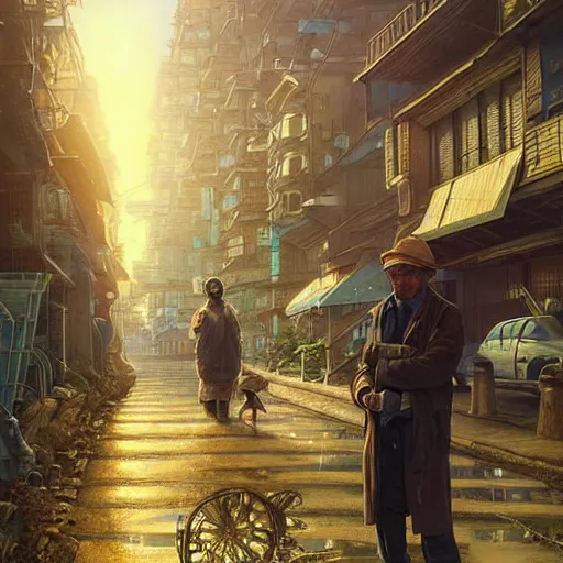 Image similar to A solarpunk very detailed farmer on the street of a very detailed solarpunk city art by Taras Shevchenko, neofuturistic highly detailed, digital art, smooth cyan gold light, sharp focus, Golden Ratio illustration, realistic concept art by Stephen Hickman and James Gurney and Hiromasa Ogura Ghost in the Shell