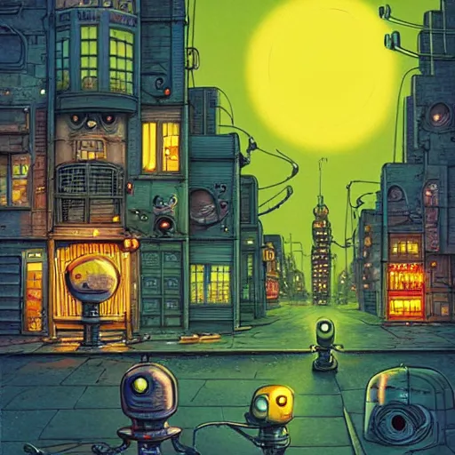 Prompt: fantasycore street view of 1950s machinarium cityscape at night by michael whelan and naomi okubo and dan mumford. cute 1950s robots. cel-shaded. glossy painting.