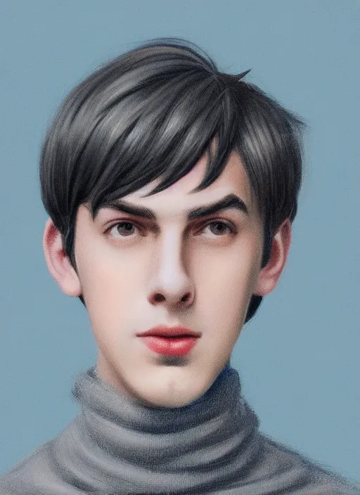 Image similar to portrait of teenage jughead jones wearing a light grey crown, crown, blue turtleneck, 1 9 5 0 s, closed eyes, photorealistic, black hair, glowing lighting, intricate, elegant, glowing lights, highly detailed, digital painting, artstation, concept art, smooth, sharp focus, illustration, art by wlop, mars ravelo and greg rutkowski