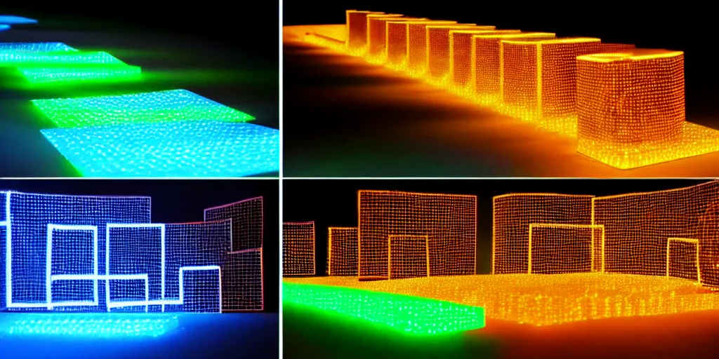 Image similar to 9-track machines made of digital grids and glowing stones with embedded LEDs. amber glowing screens.