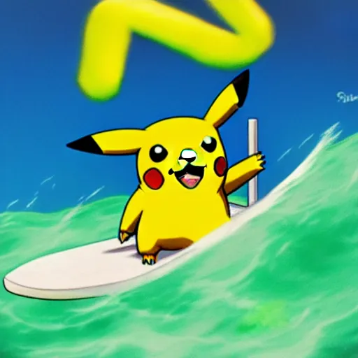 Image similar to pikachu surfing on a wave made of green slime, pokemon tcg image, trending on artstation