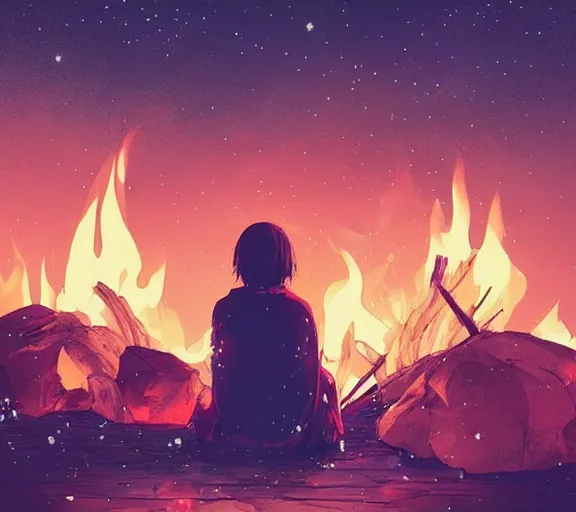 Prompt: woman sitting next to a campfire, cozy, night sky, digital art, highly detailed face, by conrad roset, by wlop, anime style, octane render