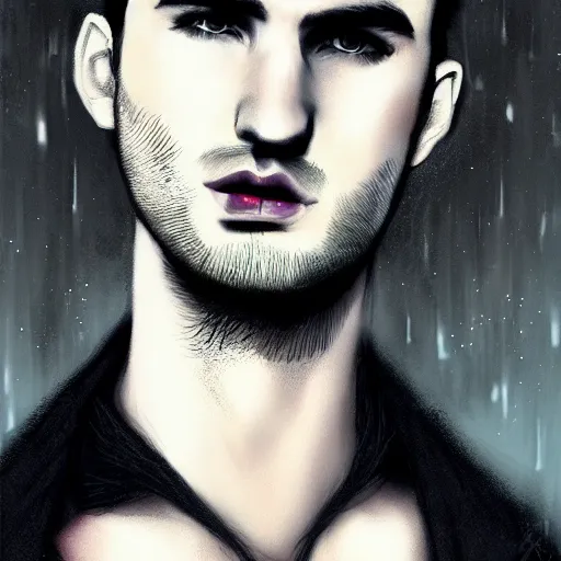 Prompt: well - shaven tom sturridge, black outfit, cape, in the style of tom bagshaw, sandman, misty endless dream cinematic background, netflix sandman