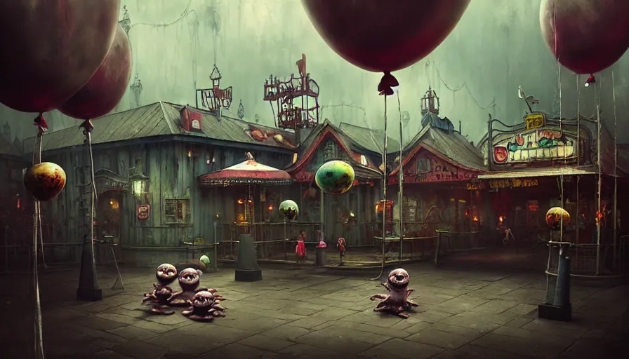 Image similar to michal karcz grunge painting of an amusement park, monster and horror theme. A monster is selling balloons to children. detailed elegant, intricate, 4k,