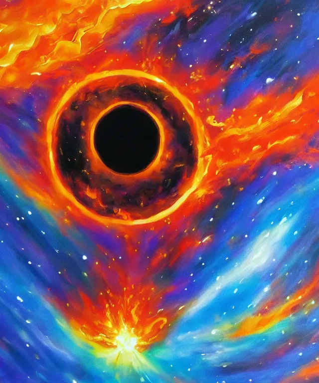 Image similar to blackhole sun, space, painting, bright colors, orange flames