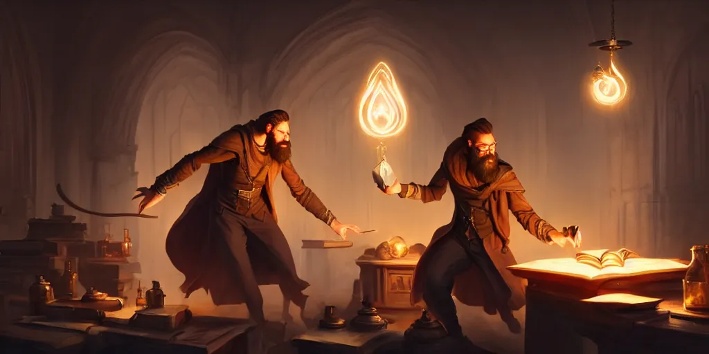 Prompt: a handsome bearded caucasian male sorcerer with brown hair, he is in a alchemist lab, casting a spell from a book, action pose, digital art, concept art, 4 k, super coherent, unreal engine, by dave melvin and greg rutkowski