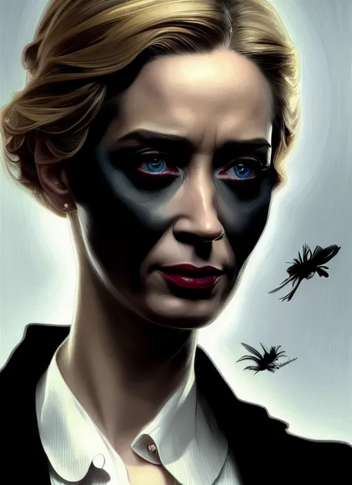 Prompt: portrait of emily blunt with reptile eyes as business woman, black suit, white shirt, black tie, intricate, headshot, highly detailed, digital painting, artstation, concept art, sharp focus, cinematic lighting, illustration, art by artgerm and greg rutkowski, alphonse mucha, cgsociety