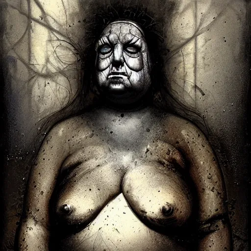 Image similar to portrait of the face of big fat old sumoringer as despair from sandman, venus of willendorf, by jeremy mann, by gregory crewdson, by bastien lecouffe deharme, by russ mills, sad face, topknot, black hair, mourning, black eyes, white room, soft lightning, high detailed, 8 k