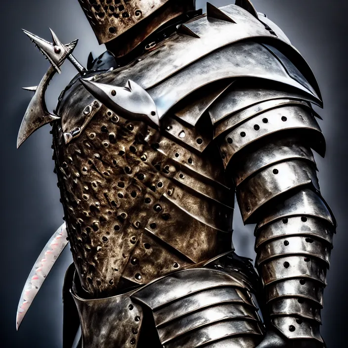 Image similar to photo of a warrior with metal shark themed armour, highly detailed, 4 k, hdr, smooth, sharp focus, high resolution, award - winning photo