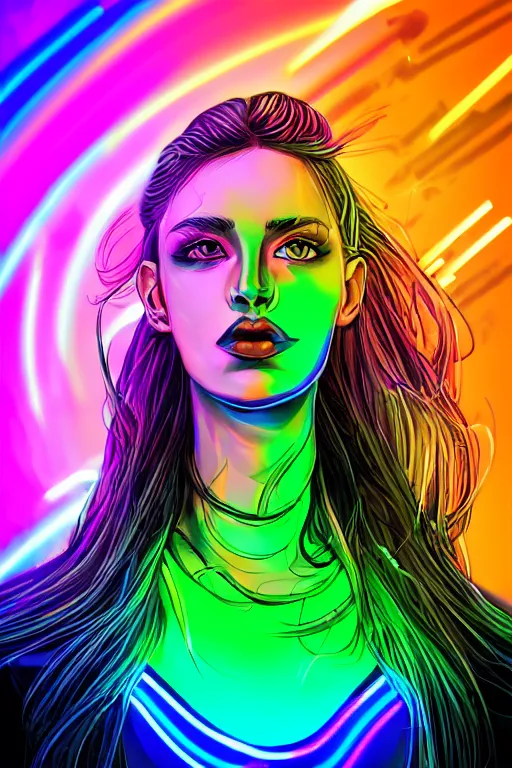 Image similar to a award winning half body portrait of a beautiful woman with stunning eyes in a croptop and cargo pants with smoke for hair in rainbow colors, outlined by whirling illuminated neon lines, outrun, vaporware, shaded flat illustration, digital art, trending on artstation, highly detailed, fine detail, intricate