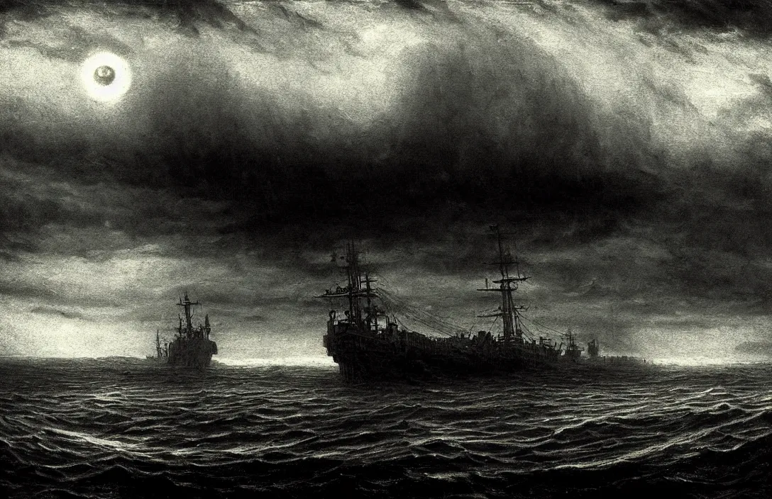 Image similar to excellent gesture and form ship ever further out to sea intact flawless ambrotype from 4 k criterion collection remastered cinematography gory horror film, ominous lighting, evil theme wow photo realistic postprocessing render by christopher soukup fusing a dream world of imagination with closely observed reality photograph by ansel adams painting by victor vasnetsov