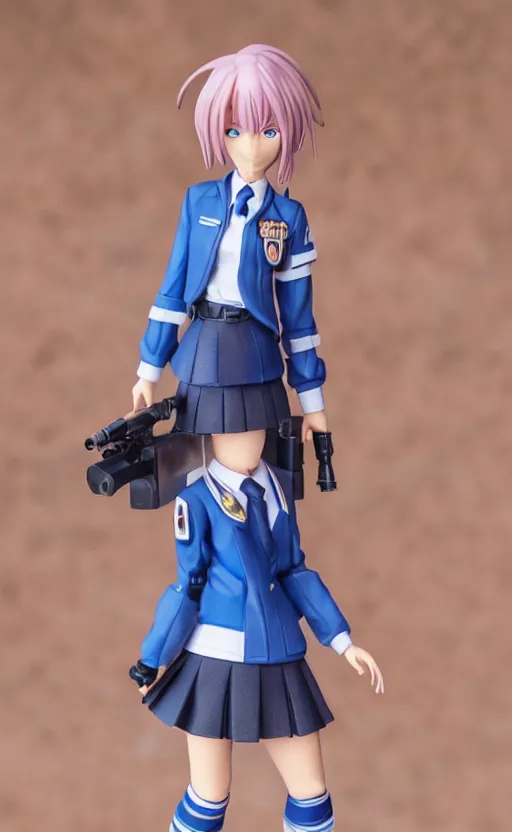 Image similar to toy photo, realistic face, school uniform, portrait of the action figure of a girl, anime character anatomy, 3d printed, plastic and fabric, small blue eyes, figma by good smile company, collection product, dirt and smoke background, flight squadron insignia, realistic military gear, 70mm lens, round elements, photo taken by professional photographer, trending on instagram, symbology, 4k resolution, low saturation, realistic military carrier