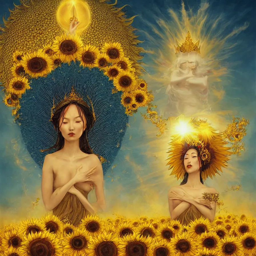 Image similar to The east-asian goddess of sunflower wearing an helianthus golden crown and presiding over the rays of the sun, by Anato Finnstark, Tom Bagshaw, Brom