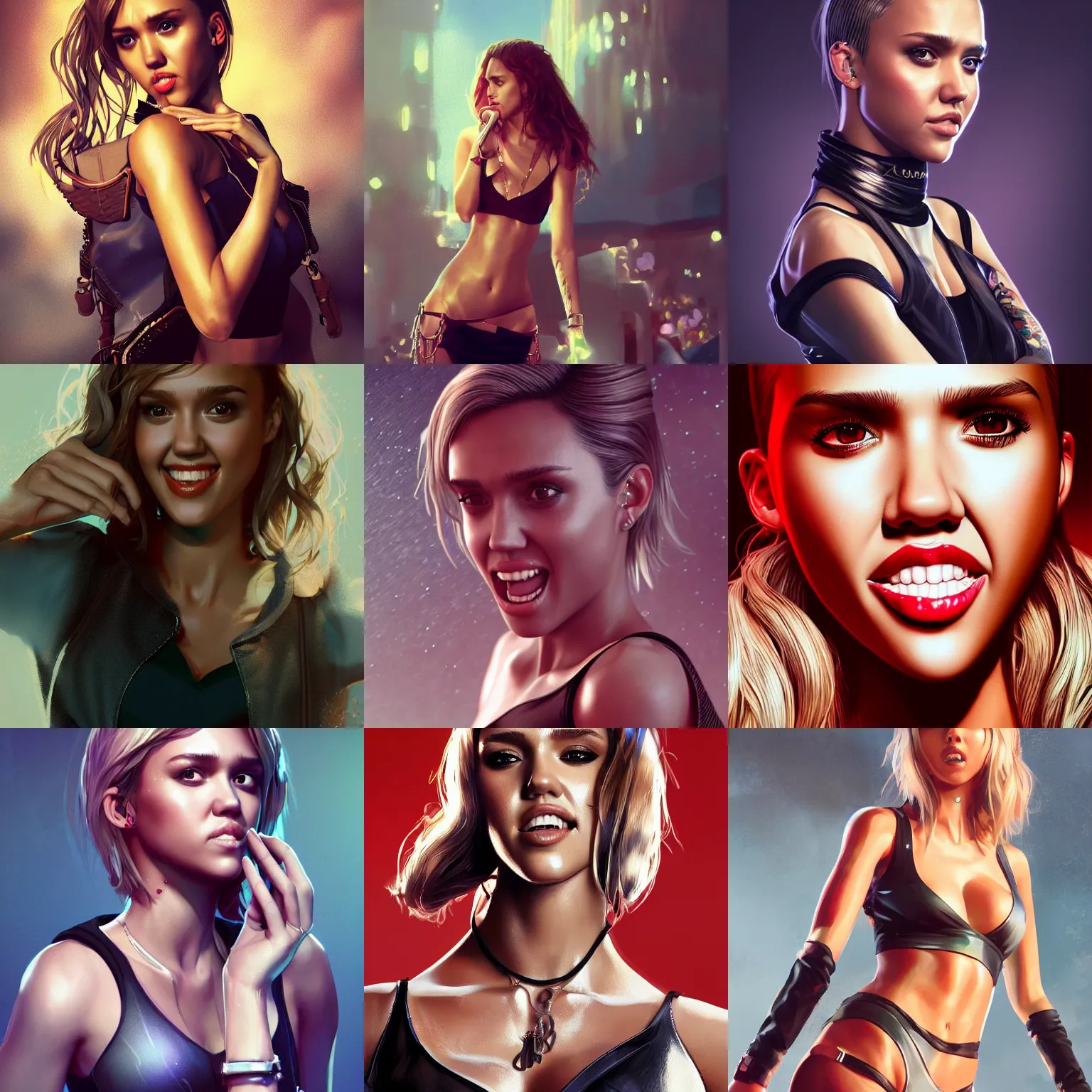 Prompt: jessica alba as miley onstage, artstation, artgerm, mucha, wlop, loish, octane render, sharp focus, decadent,