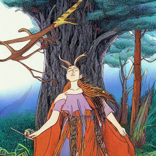 Image similar to illustration of a magical tribal sorceress on a huge majestic stag in a forest by hayao miyazaki and jean giraud moebius