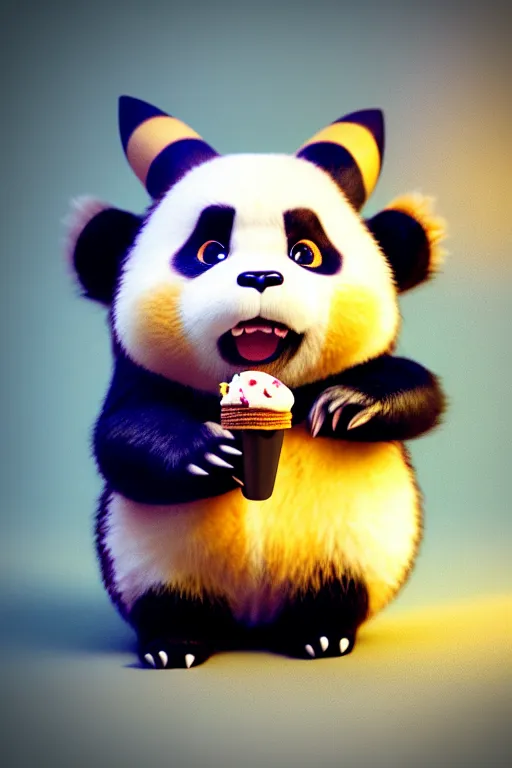 Image similar to high quality 3 d render hyperrealist very cute gothic grumpy panda & dragon hybrid eating ice cream, vray smooth, in the style of detective pikachu, very dramatic light, low angle, uhd 8 k, shallow depth or field