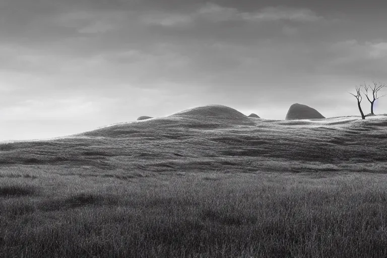 Prompt: a sublime black and white landscape photograph with a silhouette of a giant creature on the horizon in the style of ansel adams, octane render 8 k