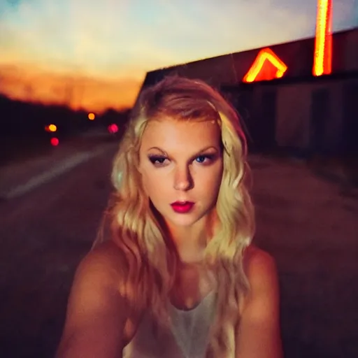 Prompt: talor swift taking a selfie at a derelict motel, night time, ambient lights, car light flare, cute,