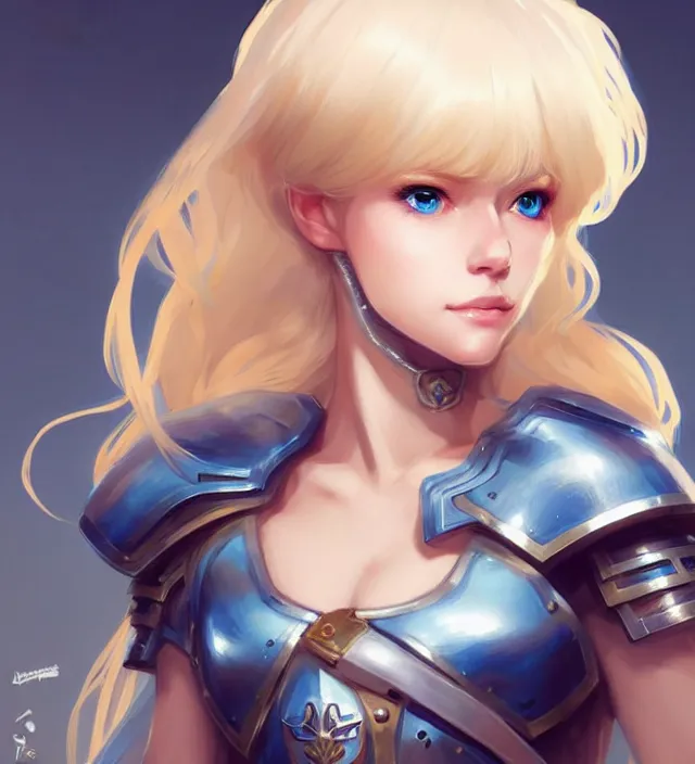 Image similar to character concept art of a cute german woman with blond hair and blue eyes, wearing plastic armor. lovely - fine - face, pretty face, key visual, realistic shaded perfect face, fine details by wlop, rossdraws, james jean, andrei riabovitchev, marc simonetti, sakimichan, trending on artstation