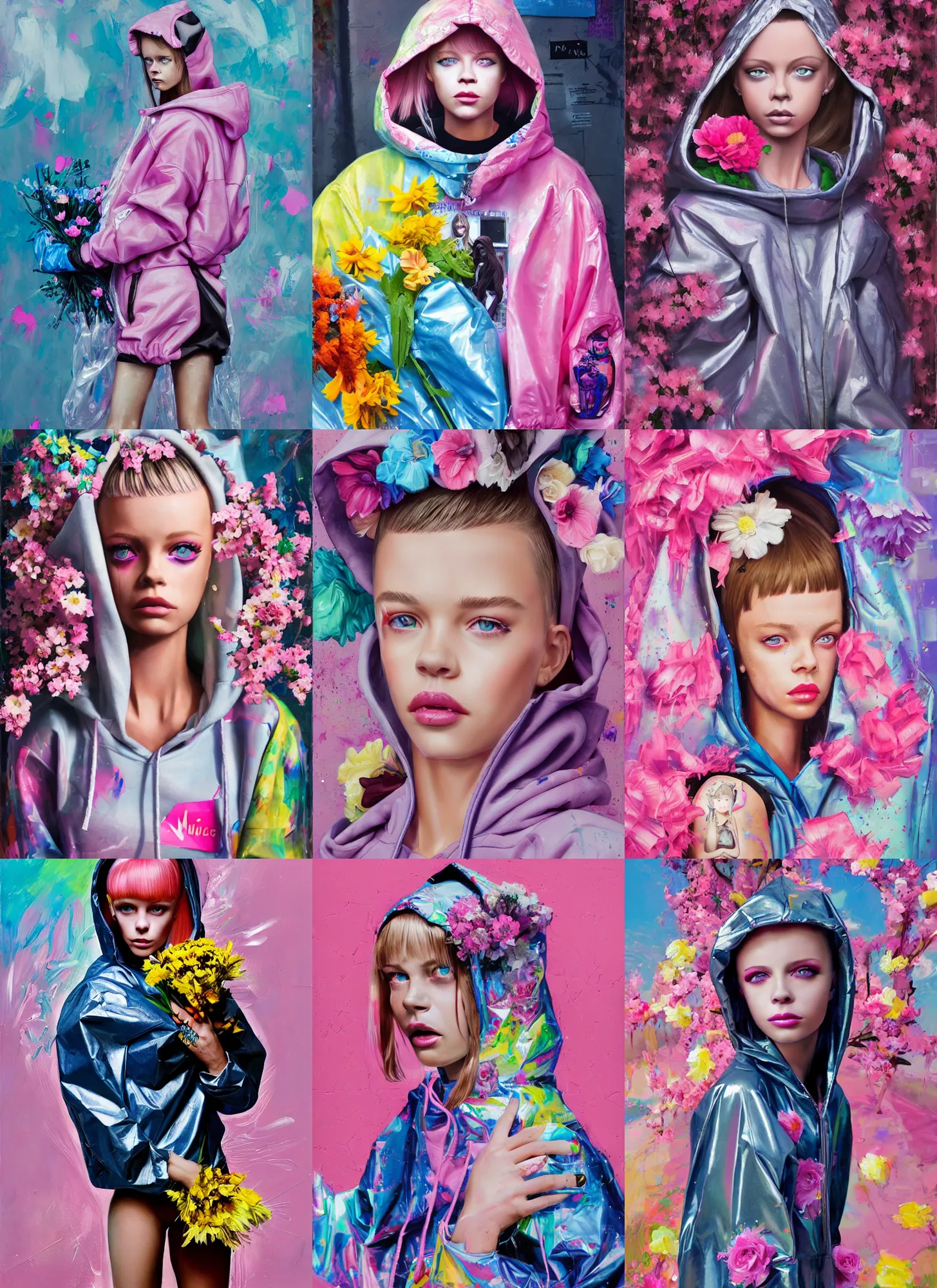 Image similar to still from music video of barbie palvin from die antwoord standing in a township street, wearing a trashbag hoodie garbage bag and flowers, street fashion, full figure portrait painting by martine johanna, ilya kuvshinov, rossdraws, pastel color palette, shiny plastic, detailed impasto brushwork, impressionistic