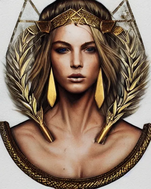 Image similar to tattoo sketch of hot blonde super model as aphrodite greek goddess wearing a gold laurel wreath and triangle earrings, beautiful piercing gaze with sharp pupils, in the style of greg rutkowski, fantasy, amazing detail, epic, elegant, smooth, sharp focus, front view