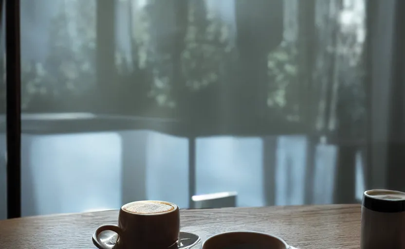 Prompt: a cup of coffee on a cafe table near a window with view to the sunrise, concept art, octane render, unreal engine 5, trending on artstation, high quality, highly detailed, path traced, high coherence, hyperrealistic, godrays, serene scene, soft lighting, macro photo