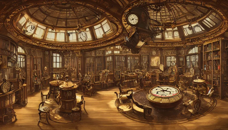 Image similar to a circular common room full of antique clocks, high detail, concept art, illustration, steampunk, fantasy, mechanical, 4 k, trending on artstation