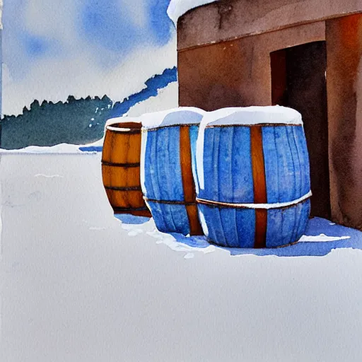 Prompt: snowy watercolor of a few barrels outside a monastery