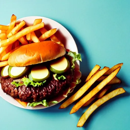 Prompt: a hamburger and side of fries, cookbook photo, good composition