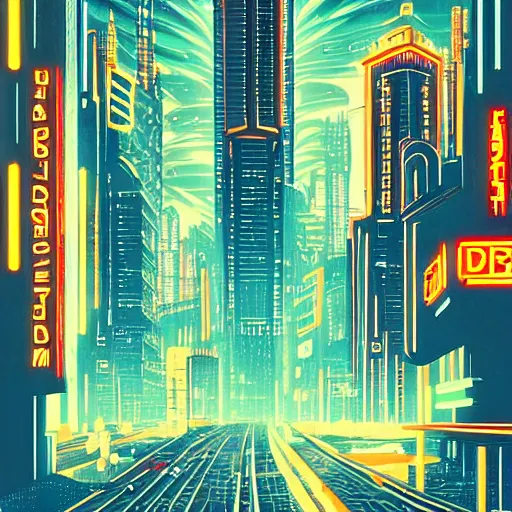 Image similar to art deco style poster of a cyberpunk city that has neon light streets, shimmering rain, and tall buildings up into the dark clouds