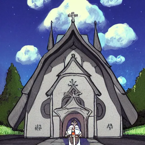 Image similar to illustration of a fluffy grey cat pointing it's paw at a priest in front of a white stave church by studio ghibli fantastic realism ultra - wide angle lens, early morning