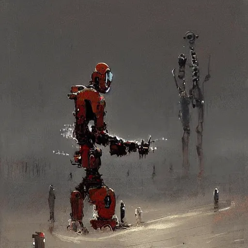 Prompt: an epic painting of a creepy robot by jakub rozalski