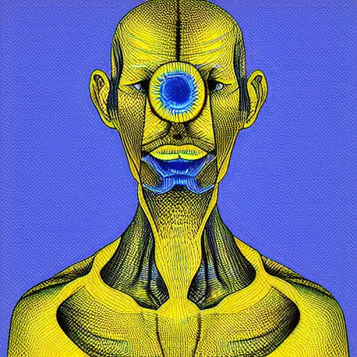 Image similar to human man that resembles a wasp morh in surreal sketch style, blue and yellow gradient, noise, ultrafine detail, hd 8k, logo illustration