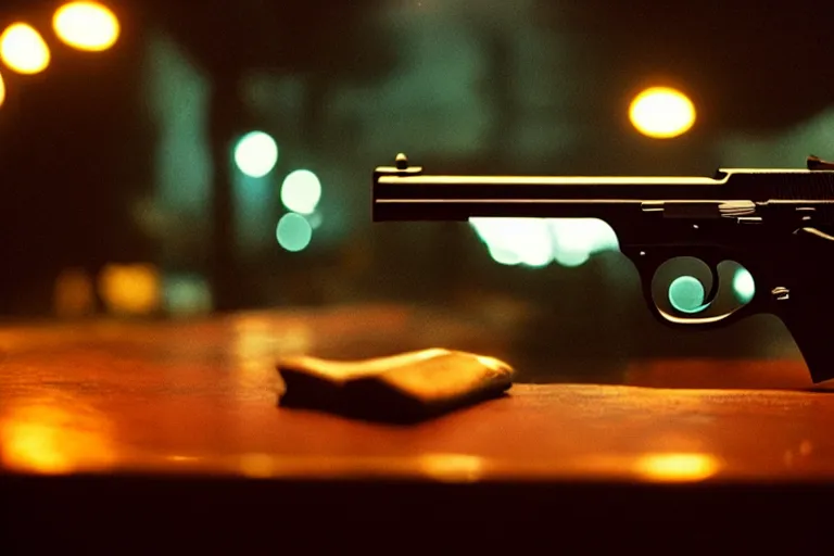 Prompt: film still of closeup pistol taped to the bottom of table, cinematic, moody, gritty neon noir by emmanuel lubezki