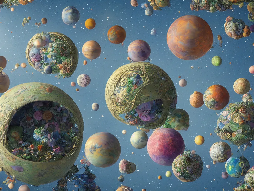 Image similar to 3 d render, sunlight study, the universe is a spheroid region 7 0 5 meters in diameter, art nouveau, by rachel ruysch and ( ( ( ( ( lisa frank ) ) ) ) ), 8 k, sharp focus, octane render