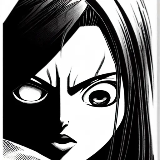 Image similar to alita by yukito kishiro. medium shot. black and white manga. pencil drawing. high detailed face