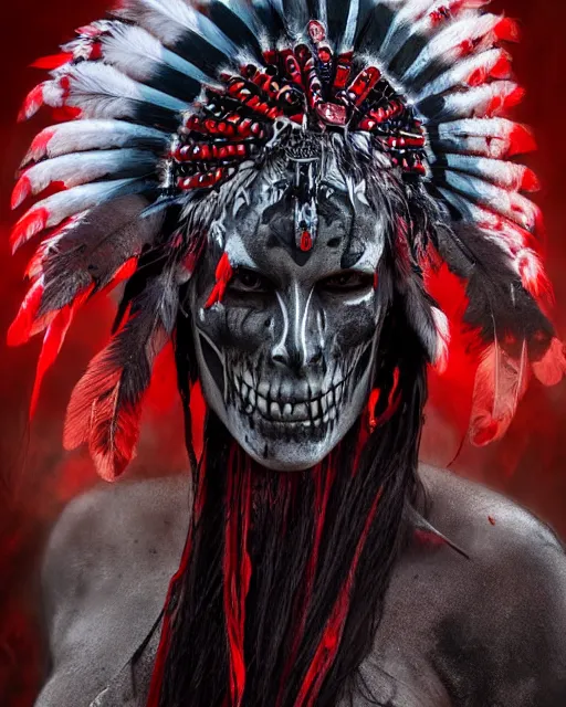 Image similar to the ghost - spirit of the grim - warpaint wears the scarlet skull armor and native blood headdress feathers, midnight fog - mist!, dark oil painting colors, realism, cinematic lighting, various refining methods, micro macro autofocus, ultra definition, award winning photo