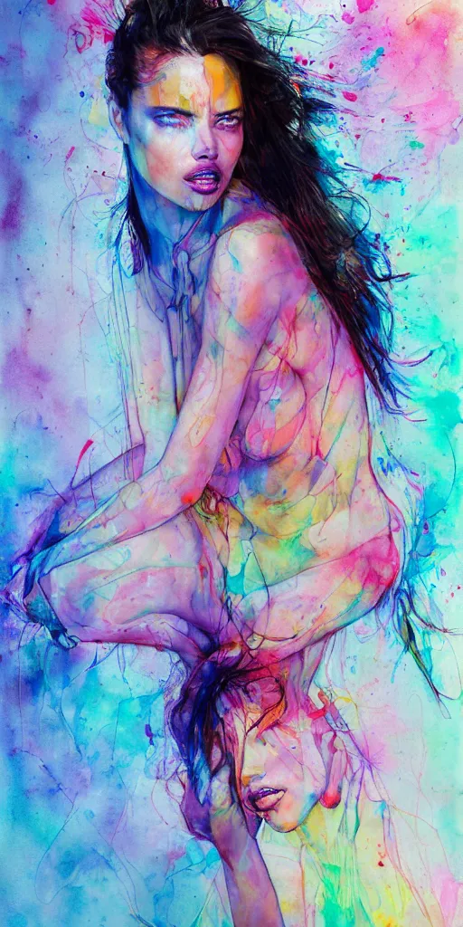 Image similar to adriana lima by agnes cecile enki bilal moebius, intricated details, sitting on a stool, full body portrait, extremely luminous bright design, pastel colours, drips, autumn lights