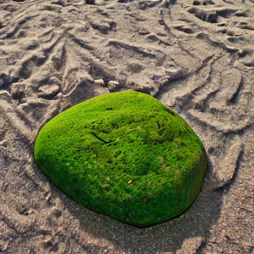 Prompt: a beautiful rock on the beach, lush vegetation