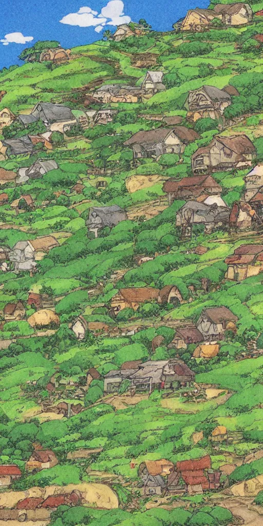 Image similar to Farm on the hillside containing various crops and fruits, landscape, very detailed, art by Studio Ghibli