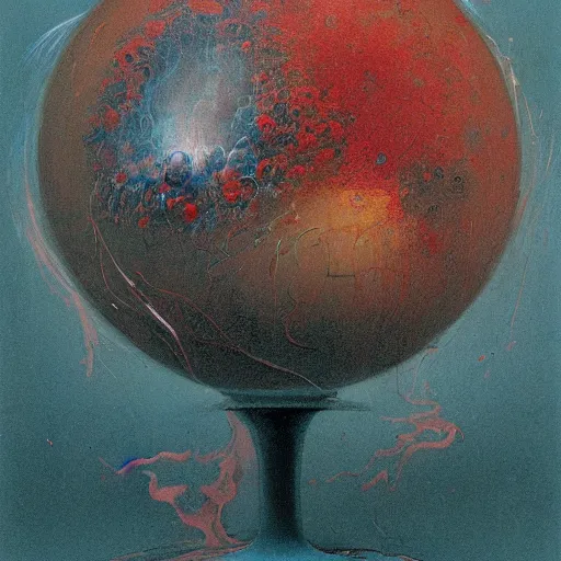 Image similar to a sphere being devoured by abstract splatters of paint in the style of francis bacon, venus being engulfed in flames in the style of james jean, surreal, beksinski, high detailed