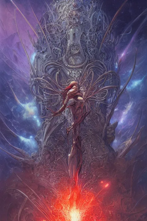 Image similar to now is the time to relaunch the dream weapon, by artgerm and yoshitaka amano and moebius and hr giger and zdislaw beksinski, hyperdetailed, surreal, dc comics, ornate, stunning, nebula, explosions in the sky, trending on artstation