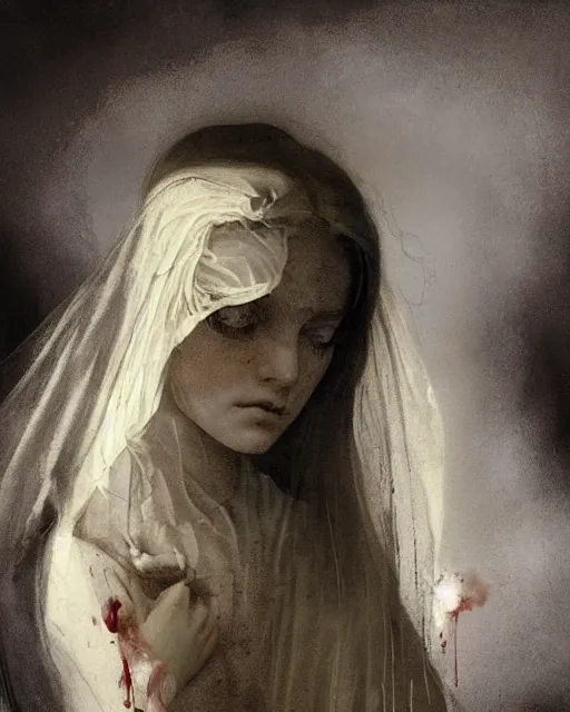 Image similar to a beautiful and eerie baroque painting of a beautiful but creepy girl in layers of fear, with haunted eyes and dark hair piled on her head, 1 9 7 0 s, seventies, wallpaper, a little blood, morning light showing injuries, delicate embellishments, painterly, offset printing technique, by brom, moebius, robert henri, walter popp