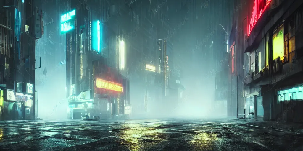 Image similar to deserted cyberpunk style city street, fog, rain, neon sign, volumetric lighting, beautiful, golden hour, sharp focus, ultra detailed, cgsociety