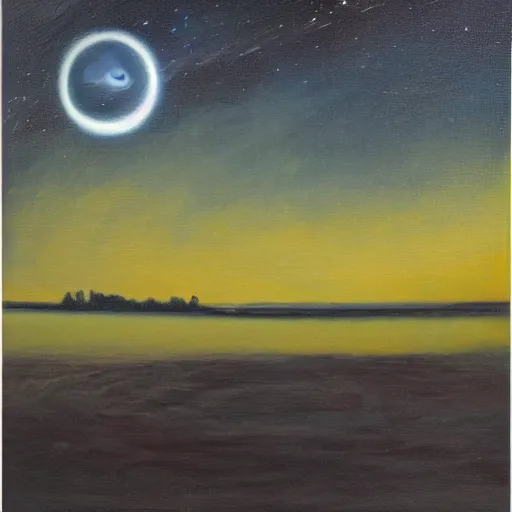 Prompt: The oil-on-canvas painting is dominated by a night sky roiling with chromatic blue swirls, a glowing yellow crescent moon, and stars rendered as radiating orbs. One or two cypress trees, often described as flame-like, tower over the foreground to the left, their dark branches curling and swaying to the movement of the sky that they partly obscure. Amid all this animation, a structured village sits in the distance on the lower right of the canvas. Straight controlled lines make up the small cottages and the slender steeple of a church, which rises as a beacon against rolling blue hills. The glowing yellow squares of the houses suggest the welcoming lights of peaceful homes, creating a calm corner amid the painting’s turbulence.